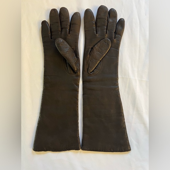 Vintage Cocoa Brown Italian leather Long forearm Orlon Lined ladies gloves 6 1/2 - Picture 2 of 13